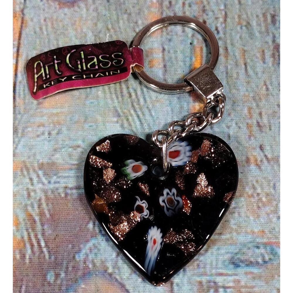Art‎ Glass Heart Keychain with Floral Design